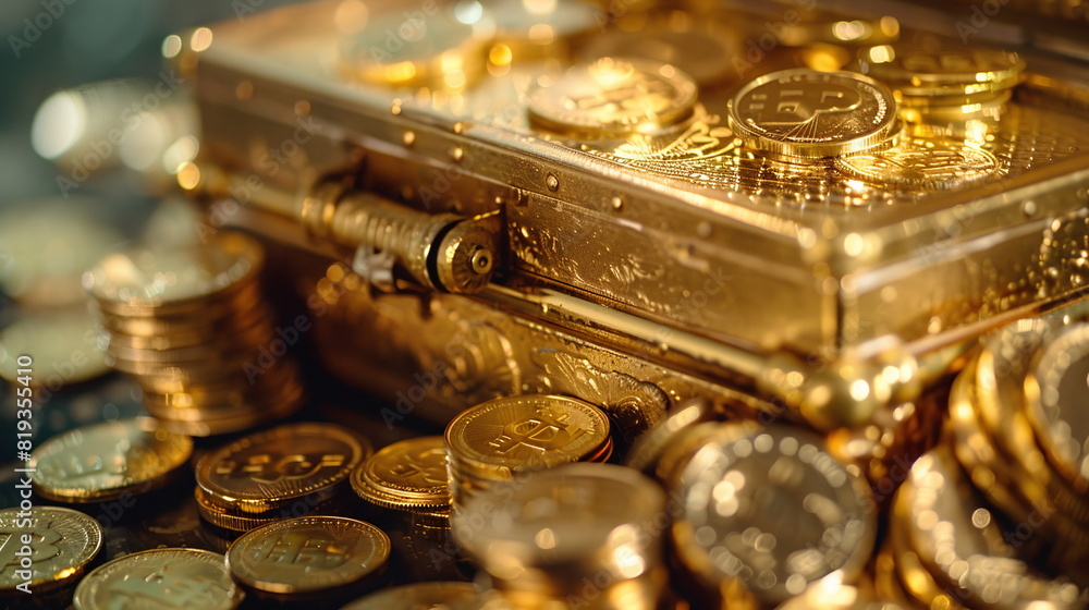 An open treasure chest filled with gold coins spills over against a dark, moody background - Generative AI An open treasure chest filled with gold coins spills over against a dark, moody background - Generative AI