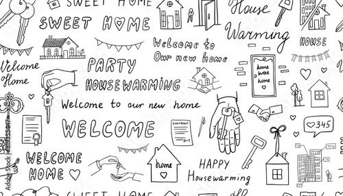 Seamless pattern of housewarming in doodle style. Home sweet home, welcome home, new home, happy house warming, house keys, deal. Good for banner, posters, cards, professional design. Hand drawn