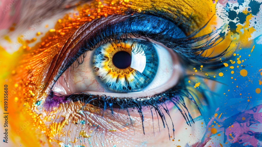 A closeup of an eye with vivid colors and detailed eyelashes, reflecting in the iris. The background is a vibrant mix of blue, orange, yellow, white