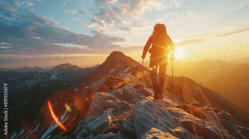 hiker reaching the summit of a mountain during sunrise photo