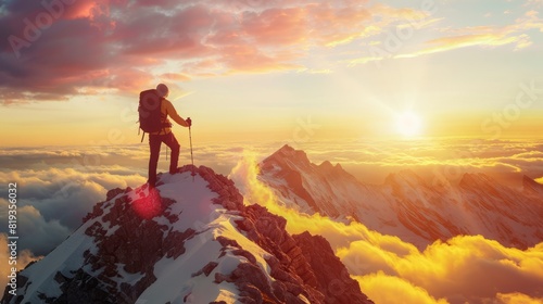 hiker reaching the summit of a mountain during sunrise