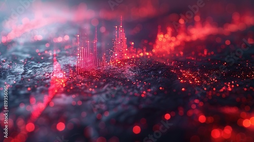 A glowing red city. The lights of the city are reflected in the water.