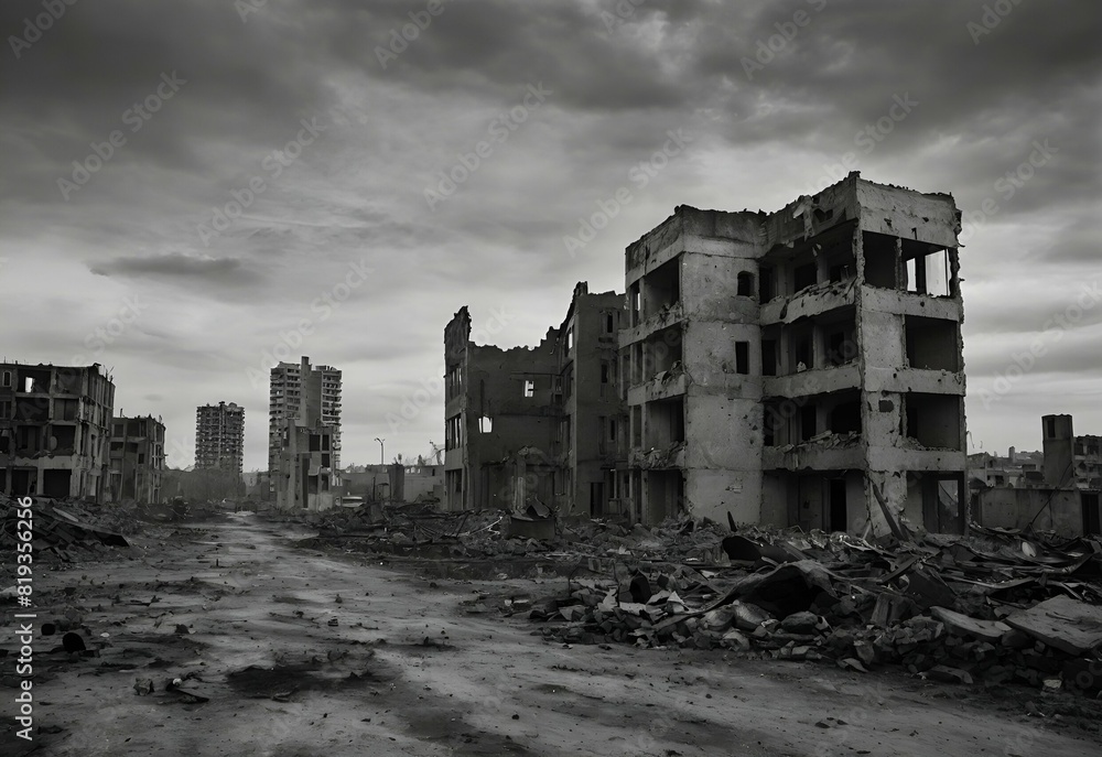 The remains of a destroyed concrete building against the sky