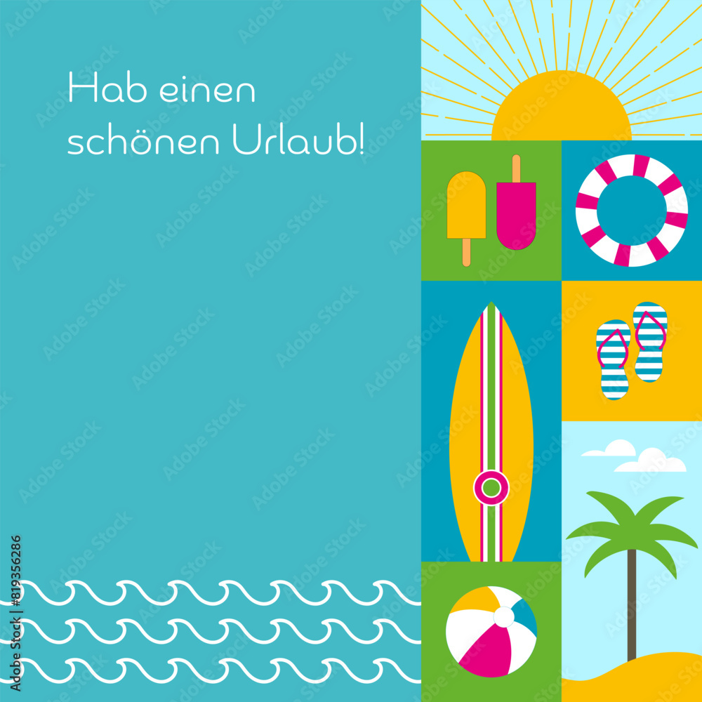 Hab einen schönen Urlaub Schriftzug in deutscher Sprache. Sommerliche Karte mit Sonne, Palme