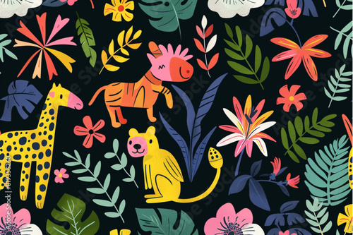 Vector seamless tropical pattern with rainforest  jungle animals  leaves and flowers on dark background. Bright flat surface pattern design. set vector icon