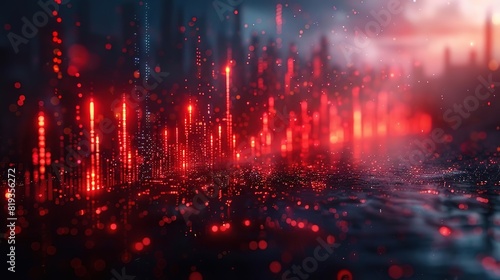 Create a digital painting of red glowing particles flowing through a dark city. The particles should be bright and vibrant, and the city should be dark and mysterious.