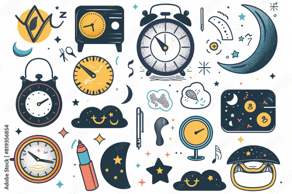 Vector set of different elements of sleep in the circuit. Alarm clock, month, pillow, etc. Colorful and black / white isolated illustration. set vector icon, white background, black colour icon