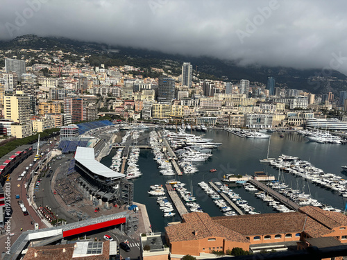 Panoramic view of Monte Carlo harbor in Monaco, where the Gand Prix of Monaco takes place.