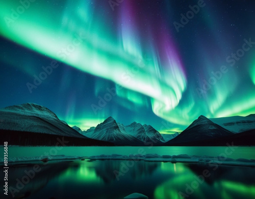 Aurora, aurorae or auroras. Northern lights aurora borealis or southern lights aurora australis is a natural light display in Earth sky, in Arctic and Antarctic. Brilliant lights. Generated AI photo