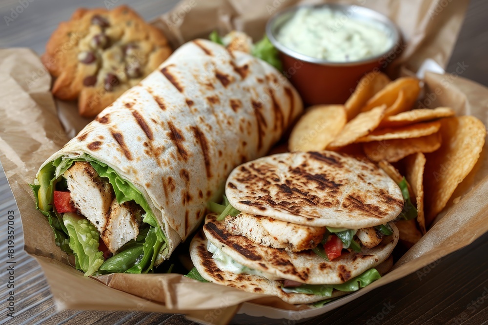 Delicious chicken caesar salad wrap with chips and a cookie on a wooden table background Delicious chicken caesar salad wrap with chips and a cookie on a wooden table background