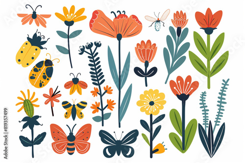 Vector set of spring Easter flowers and insects in flat  isolated on white background. set vector icon, white background, black colour icon photo