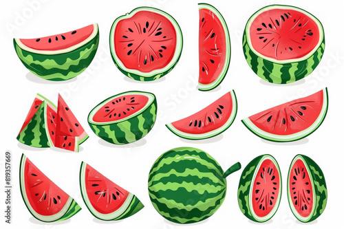vector watermelon set isolated on a white background. Juicy ripe slices of watermelon and whole watermelons for healthy food background. 