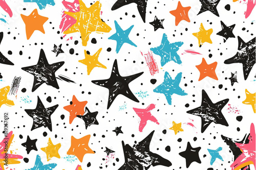 Vivid playful seamless pattern of hand drawn various colorful funny stars and sparks shapes. Cute cartoon childish texture, wrapping paper, textile design. set vector icon