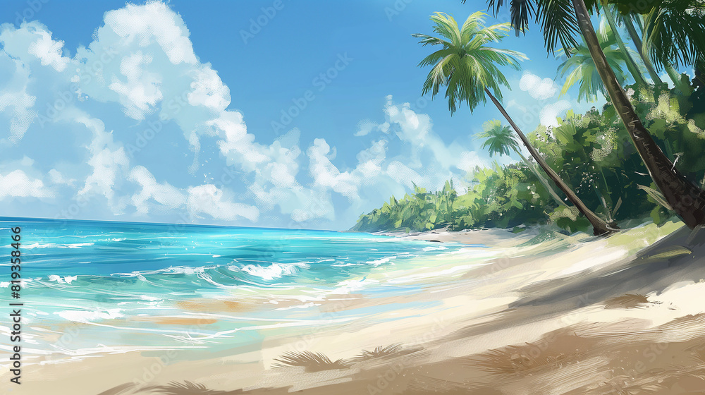 Designation of a background featuring a tropical beach where golden sands meet the crystal-clear blue waves, with tall palm trees swaying gently in the breeze, evoking a sense of relaxation