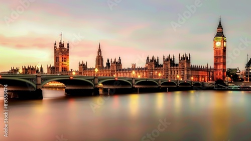 Big Ben and Houses of Parliament in London at dusk --ar 16 9 --style raw Job ID  5db5b581-7d48-4956-a5fb-75846b2c2803