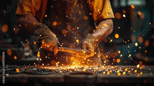 A blacksmith forging metal in a traditional workshop, sparks and detailed craftsmanship, promoting traditional skills and history photo