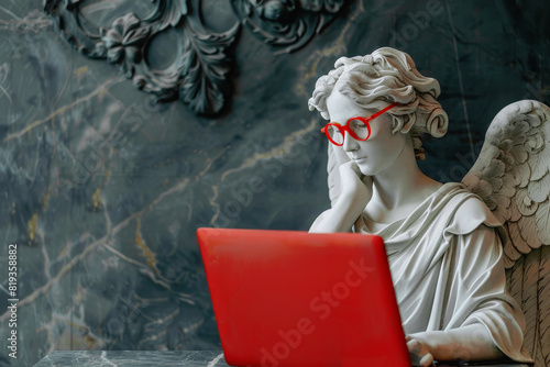 Angel statue with red laptop and glasses, blending classical art with modern technology