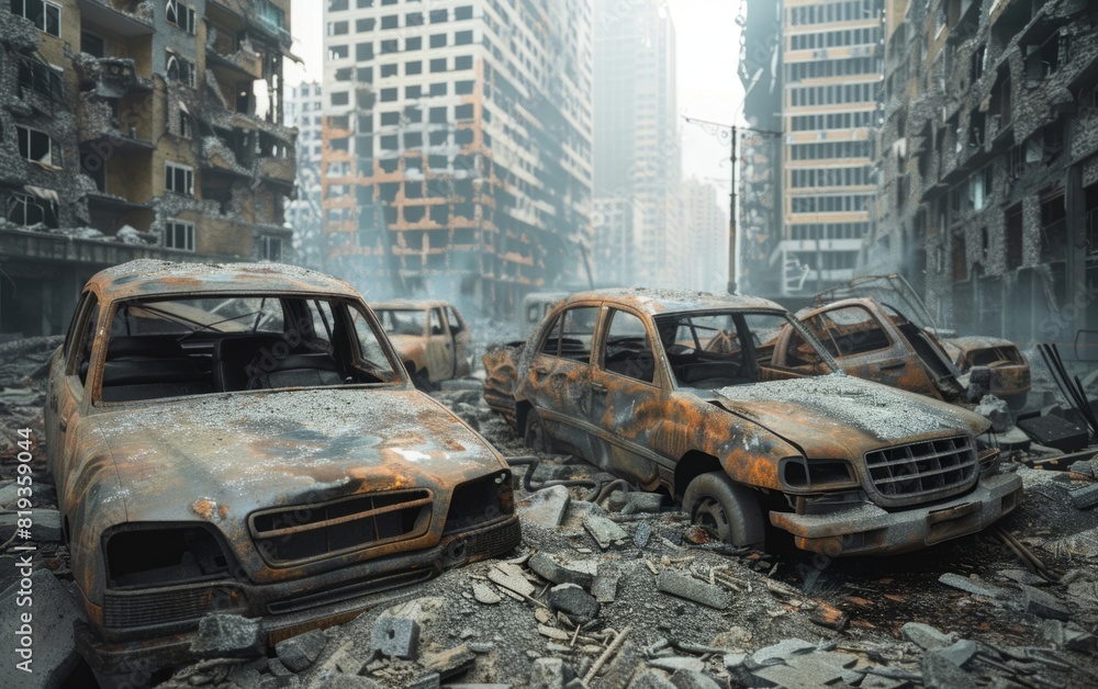 Post-apocalyptic urban scene with charred vehicles and gutted high-rise.