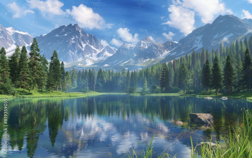 Pristine mountain lake with reflections and surrounding pine forests.