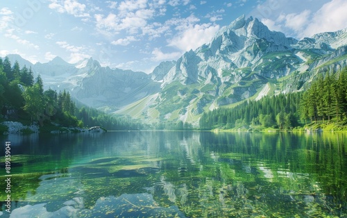 Pristine mountain lake with reflections and surrounding pine forests.