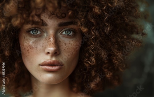 Portrait of a woman with voluminous curly hair and thoughtful gaze.