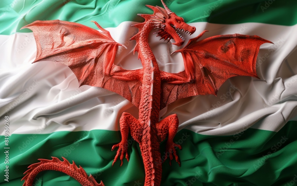 Red dragon on a green and white flag, symbolizing fiery heritage and ...