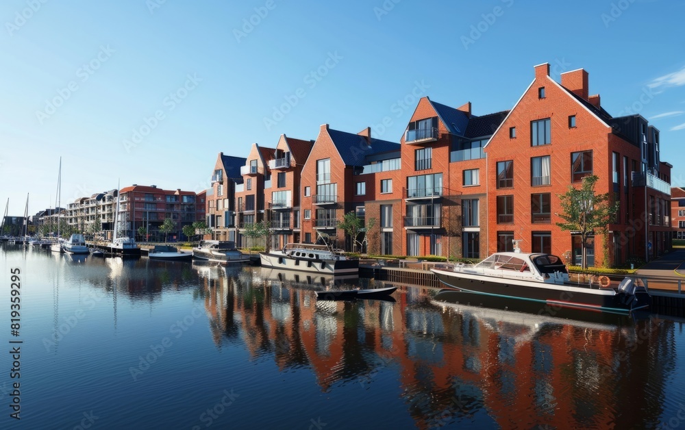 Red-brick waterfront buildings line a canal with boats under a clear blue sky.