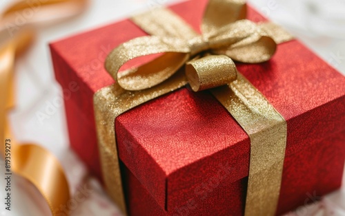 Red gift box with gold ribbon on a white background.