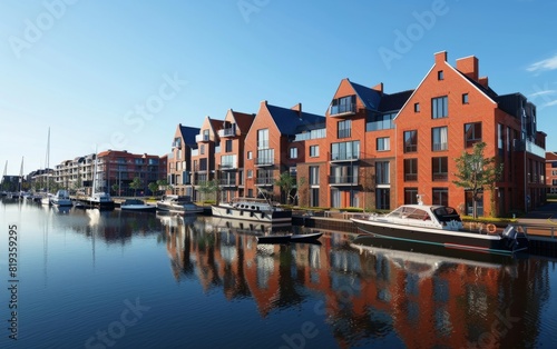 Red-brick waterfront buildings line a canal with boats under a clear blue sky.