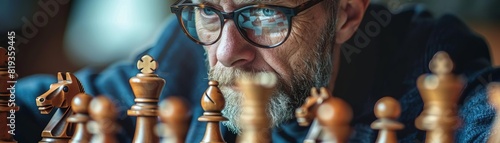 A closeup of a chess master contemplating a move at a tournament, detailed chess pieces and intense focus, promoting strategy and competition
