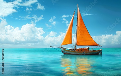 Sailboat with vibrant orange sails gliding over blue ocean waters.