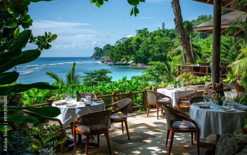 Seaside dining area with tables set, surrounded by lush greenery and a calm blue bay.
