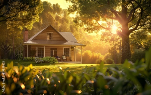Serene country home bathed in golden sunrise light  nestled among lush greenery.