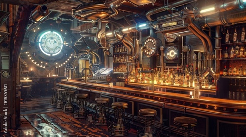 Steampunk interior  cyberpunk club  fantasy retro bar  fictional interior.