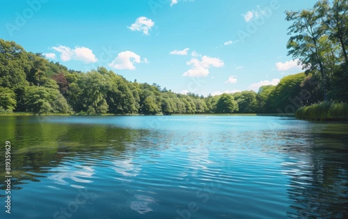 Serene lake surrounded by lush forests under a clear blue sky.