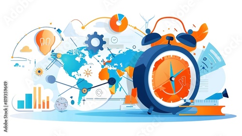 Create a colorful and vibrant flat illustration of a clock with gears and a world map in the background