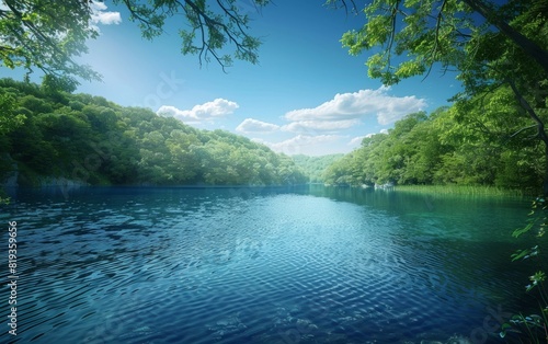 Serene lake surrounded by lush forests under a clear blue sky.