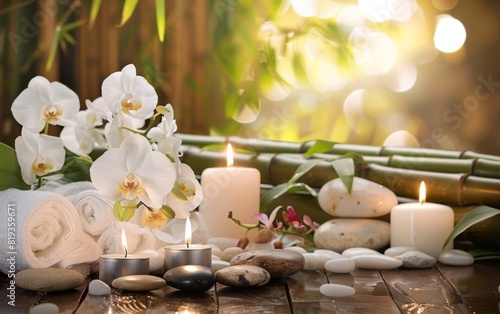 Serene spa setting with white orchids  candles  stones  and bamboo.