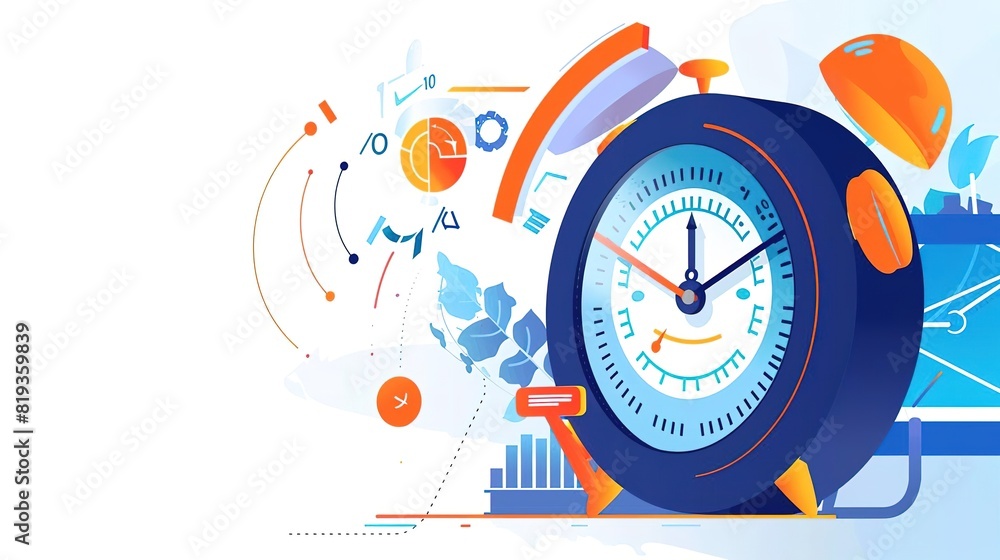 Create a modern and fun illustration of an alarm clock with a smiley face Create a modern and fun illustration of an alarm clock with a smiley face