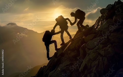 Silhouetted figures helping each other up a mountain peak.