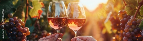 A couple enjoying a wine tasting at a vineyard, detailed wine glasses and lush vines, promoting wine culture and romantic experiences