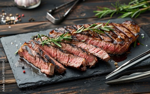 Sliced grilled steak on a dark slate board with rosemary.