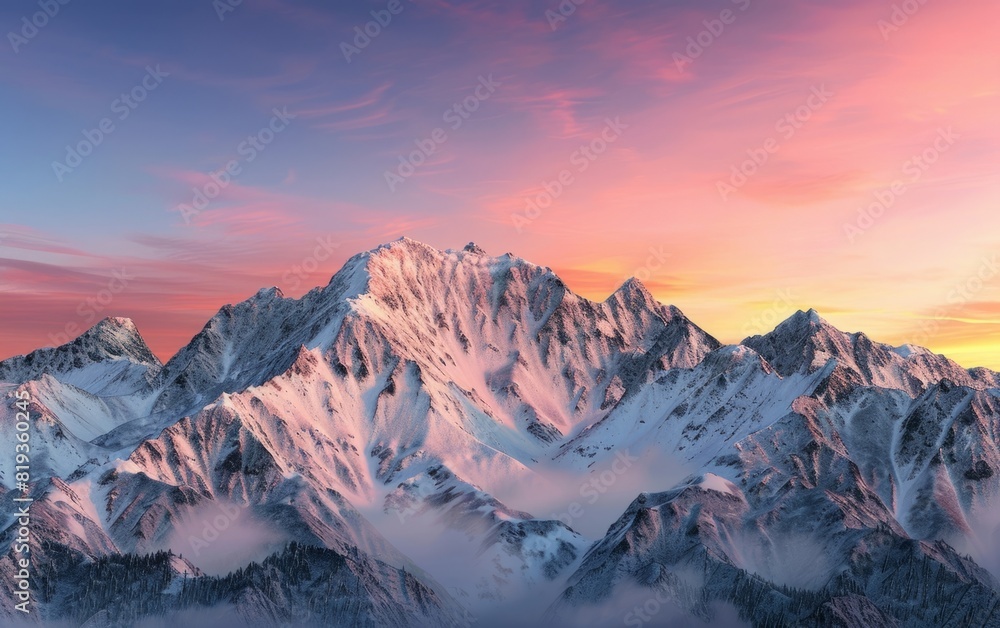 Snow-capped mountains under a glowing pink sunset sky.