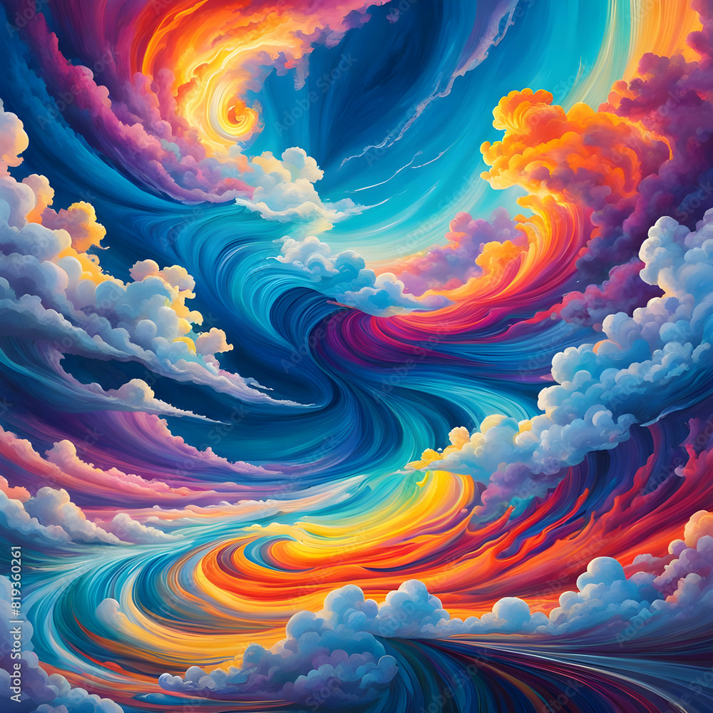 A vibrant and diverse array of colored clouds swirl and dance in the sky, creating a mesmerizing and ever-changing landscape. A vibrant and diverse array of colored clouds swirl and dance in the sky, creating a mesmerizing and ever-changing landscape.
