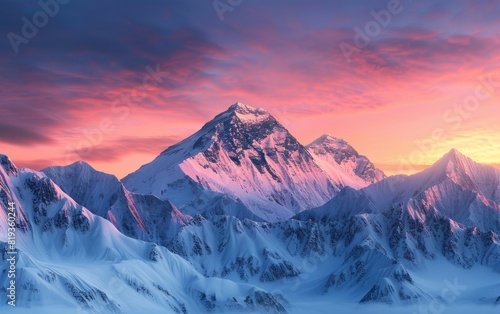 Snow-capped mountains under a glowing pink sunset sky.