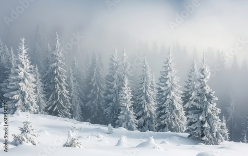 Snow-covered pine trees enveloped in misty white fog.