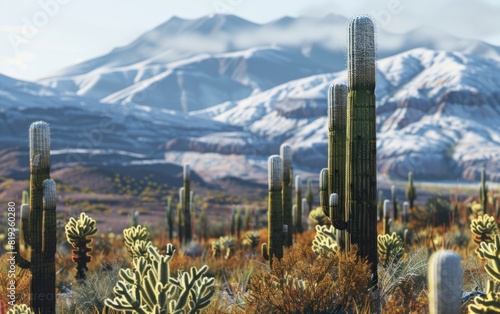 Snow-dusted mountains tower behind a desert with towering cacti. photo