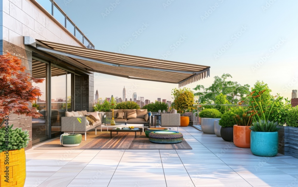 Spacious terrace with striped awning, stylish seating, and vibrant planters under a clear sky.