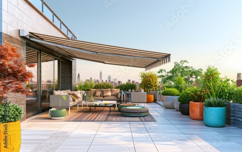 Spacious terrace with striped awning, stylish seating, and vibrant planters under a clear sky. © OLGA