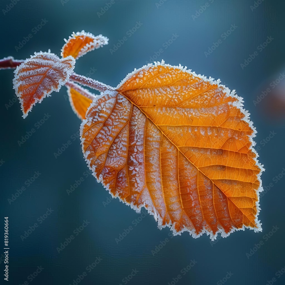 A detailed macro shot of frost on a leaf in early winter, promoting the beauty of nature and seasonal changes A detailed macro shot of frost on a leaf in early winter, promoting the beauty of nature and seasonal changes